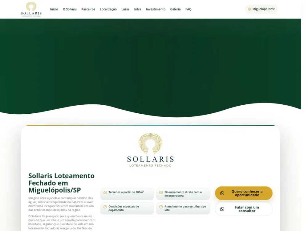 Landing page do Sollaris Loteamento Fechado em Miguelópolis em uma tela de desktop