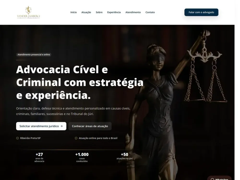 Site Vander Jamberci Advocacia, de Ribeirão Preto, em uma tela de desktop